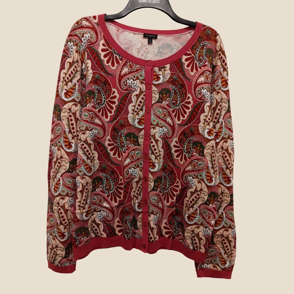 Talbots Red Paisley Cotton Rayon Button Front Cardigan Sweater Womens XL